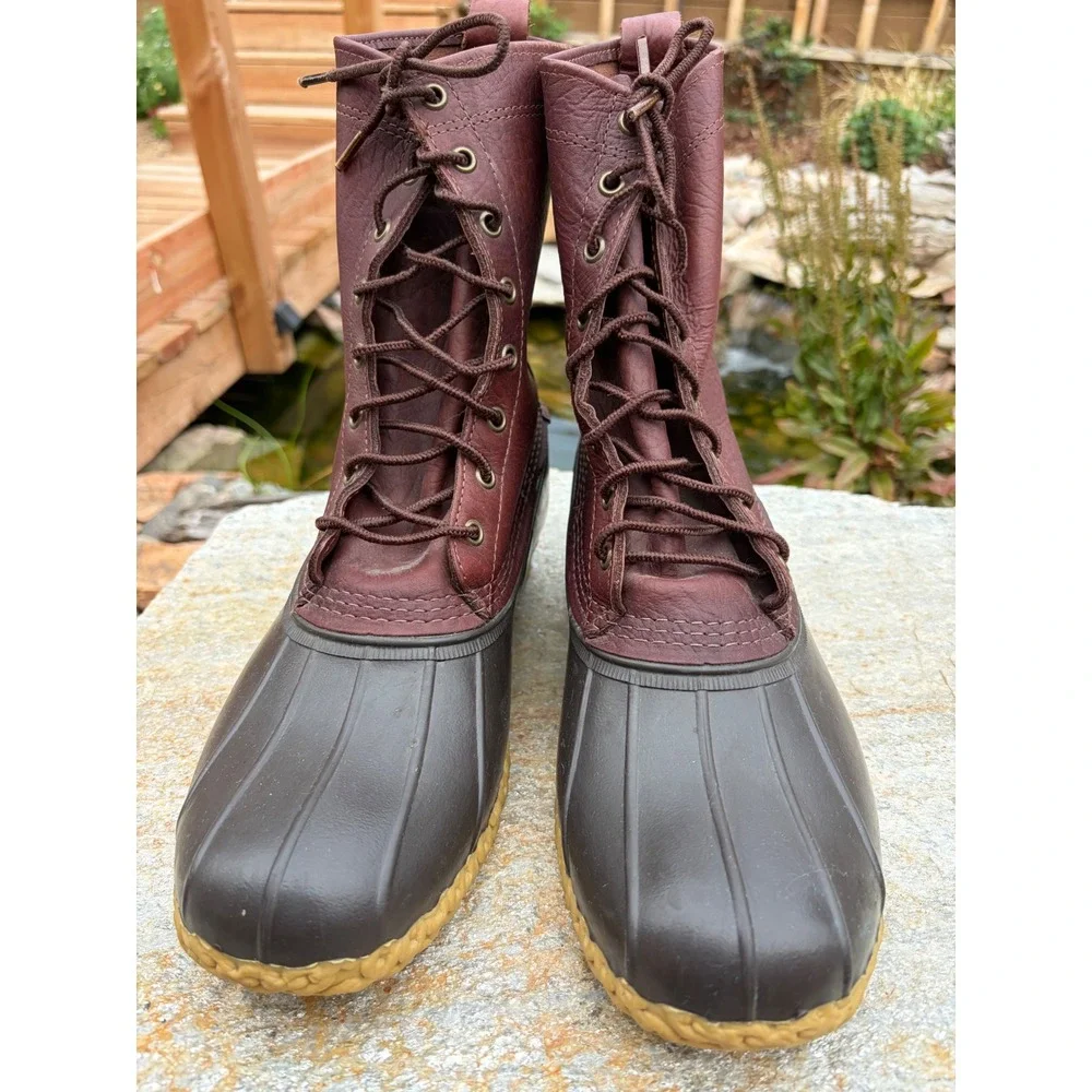 LL Bean 8 Inch Duck Boots Mens 11 Wide Burgundy Leather Brown Rubber Made in USA